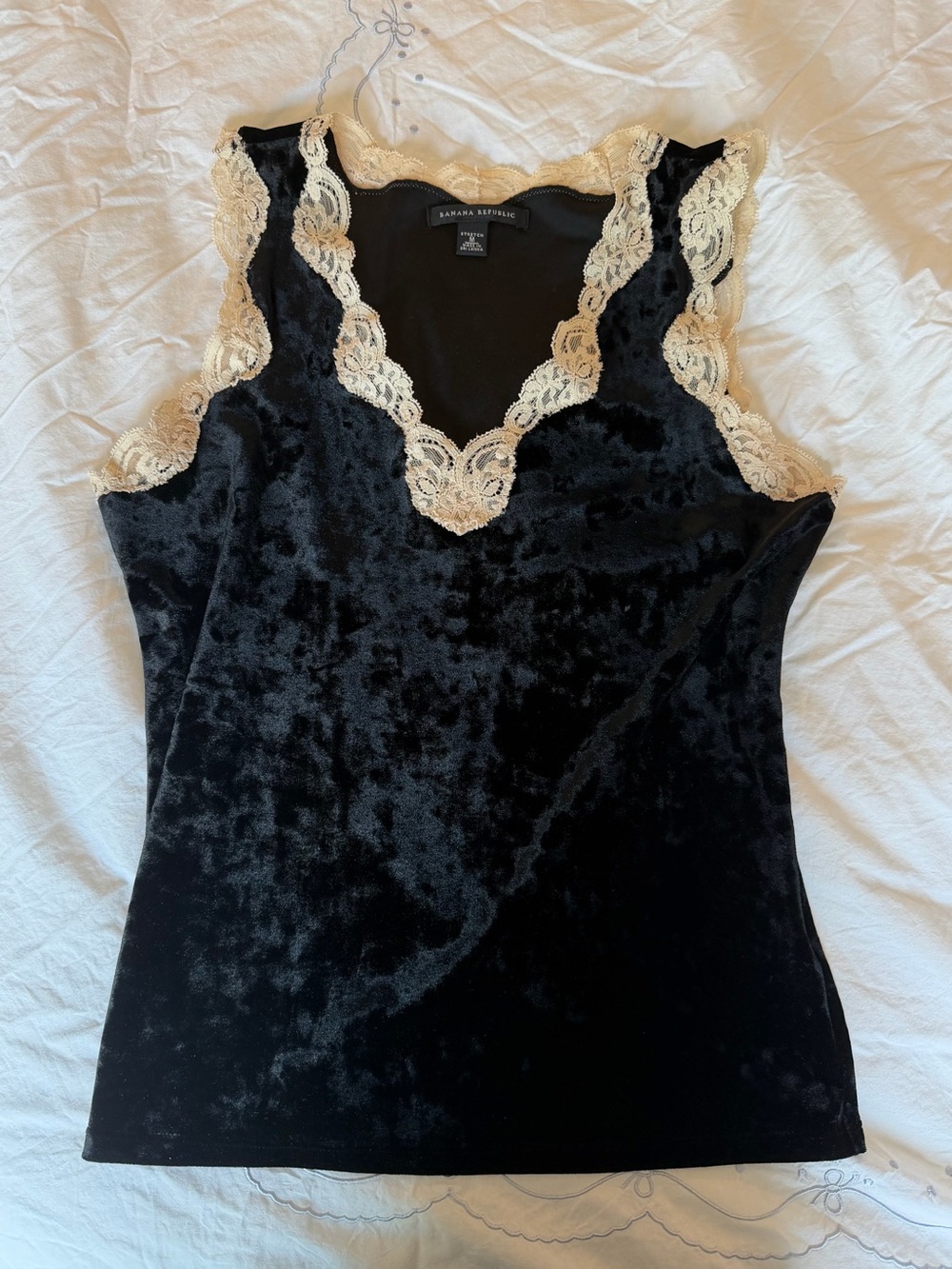 Banana Republic Black Velvet Tank with Cream Lace Trim